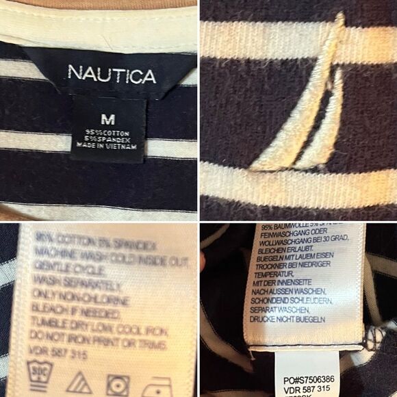 Nautica Striped Womens Long Sleeve Top Zipper Shoulders Tan Trim Navy White M - Picture 9 of 10